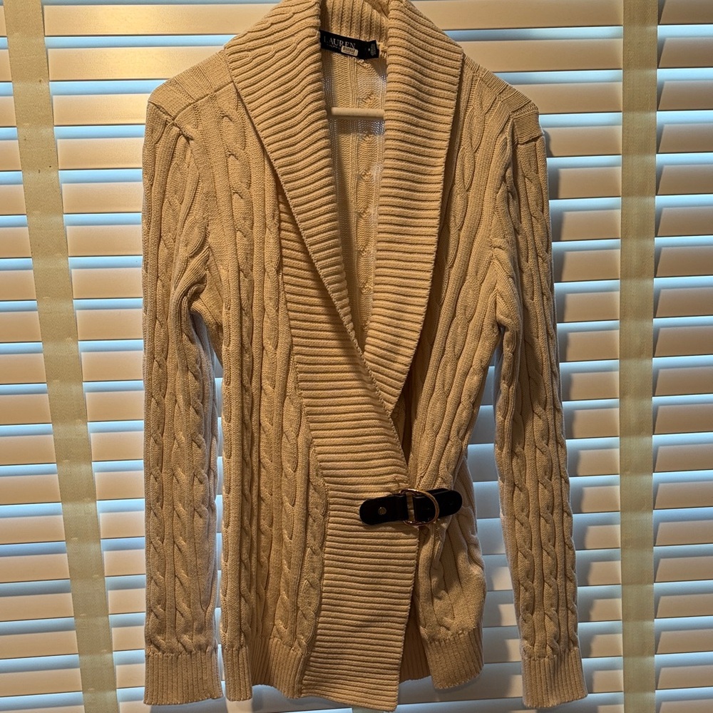 Lauren Ralph Lauren Cream Cable Knit Shawl-Collar Cardigan with Dark Buckle